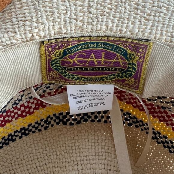 Scala Sun Hat Eloisa 100% Toyo Straw Wide Brim Multicolor Leather Chin Strap - Picture 9 of 14